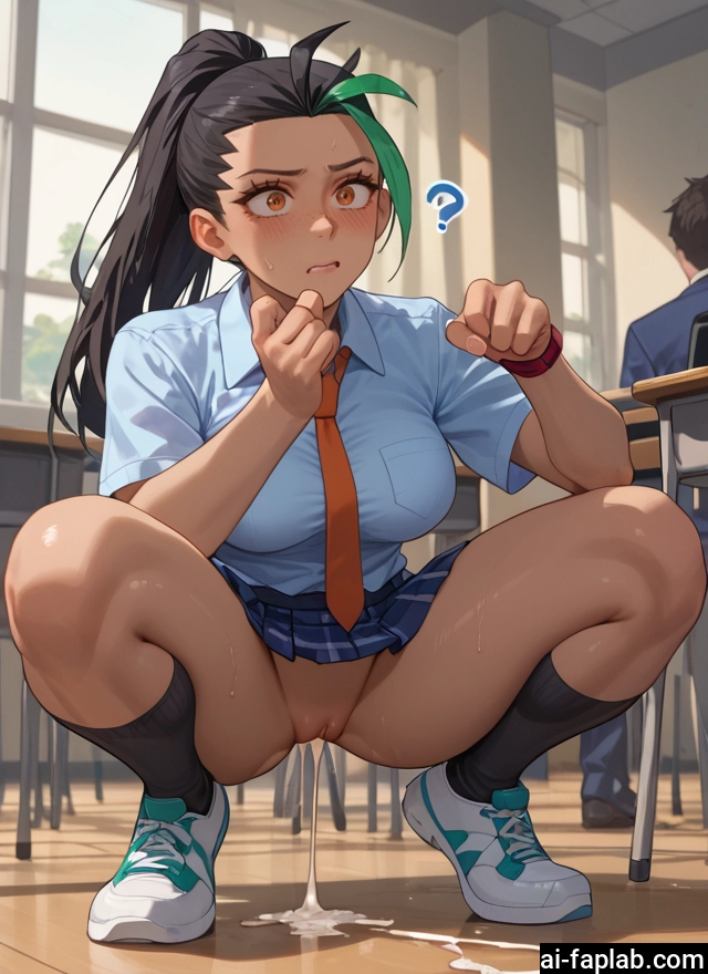 1girl, skirt, squatting, necktie, cum, multicolored hair · Yamete.gg