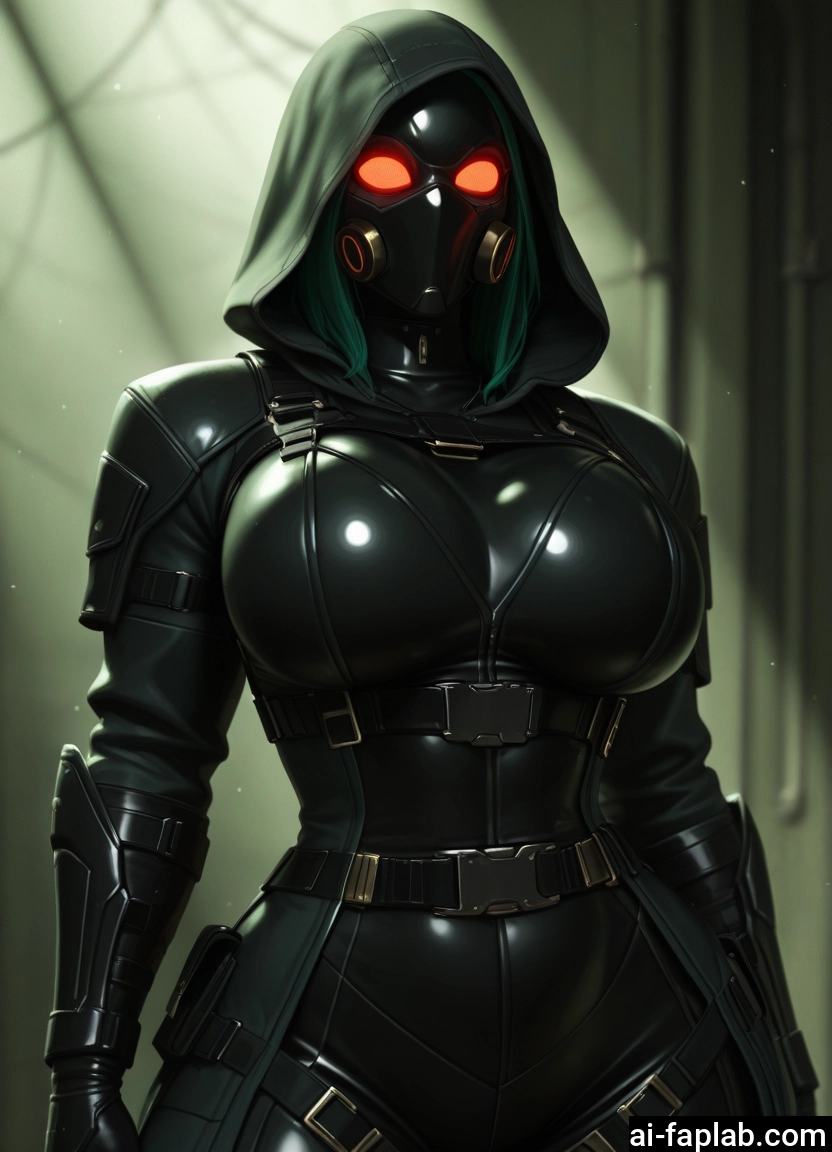 1girl, breasts, solo, mask, hood, bodysuit