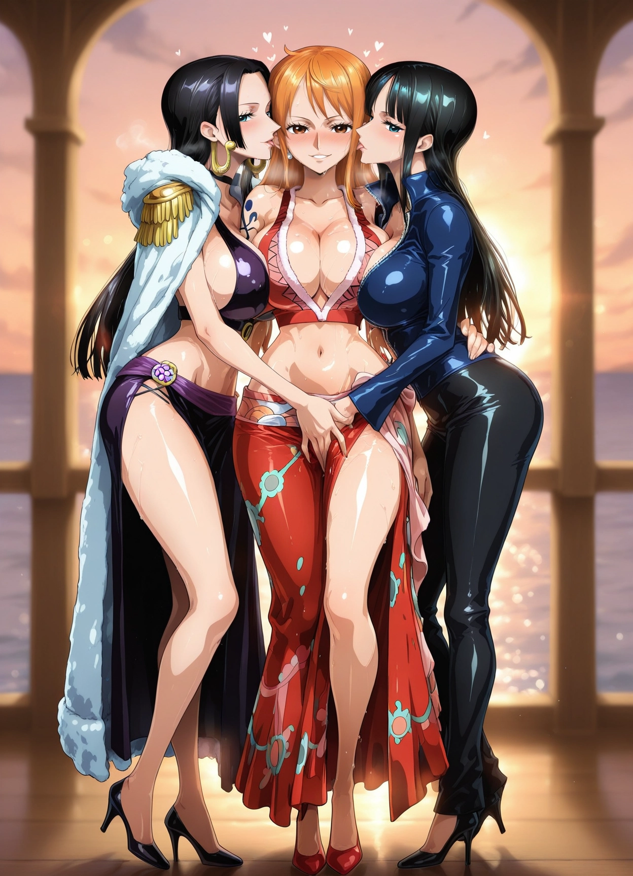 breasts, multiple girls, jewelry, yuri, high heels, earrings · Yamete.gg