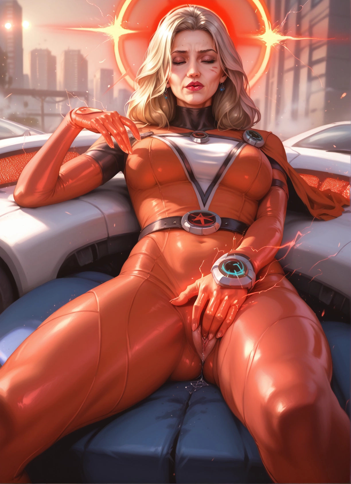 1girl, solo, blonde hair, bodysuit, pussy juice, breasts · Yamete.gg