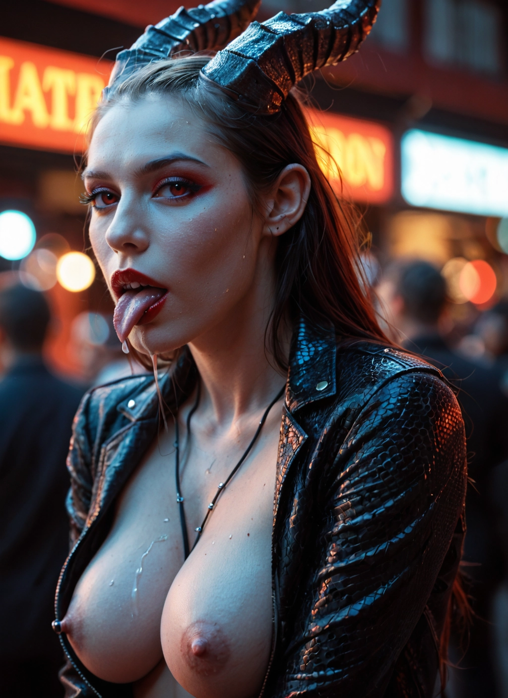 1girl, breasts, nipples, horns, tongue, tongue out · Yamete.gg
