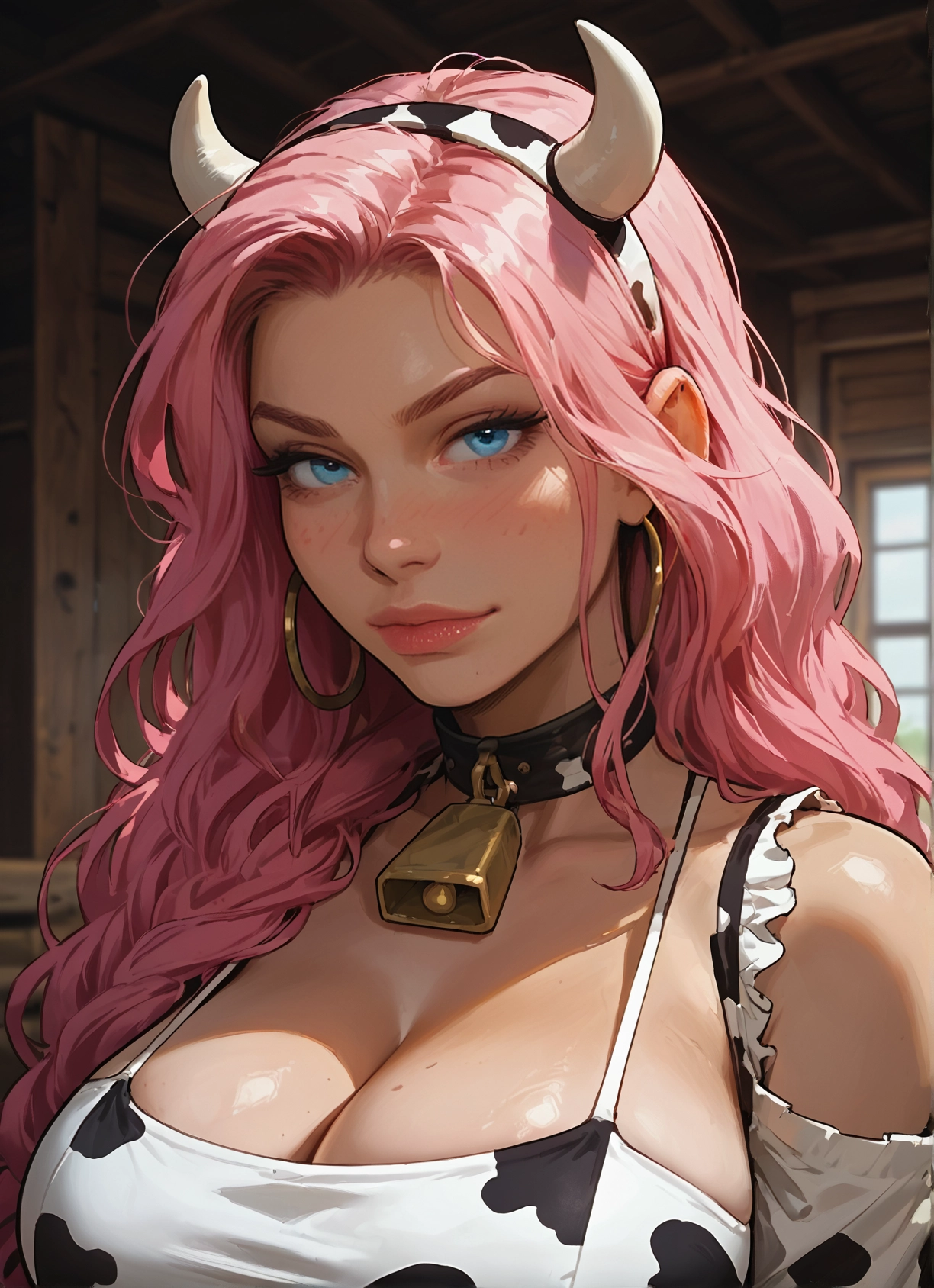 1girl, breasts, pink hair, animal print, horns, cow print · Yamete.gg