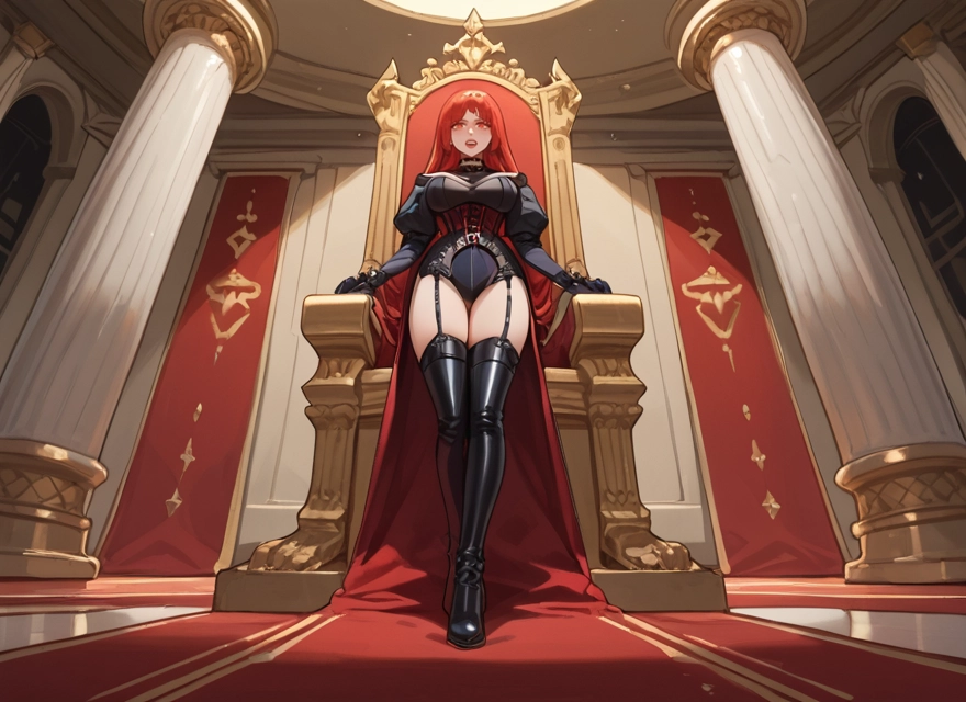 1girl, red eyes, thighhighs, red hair, long hair, solo