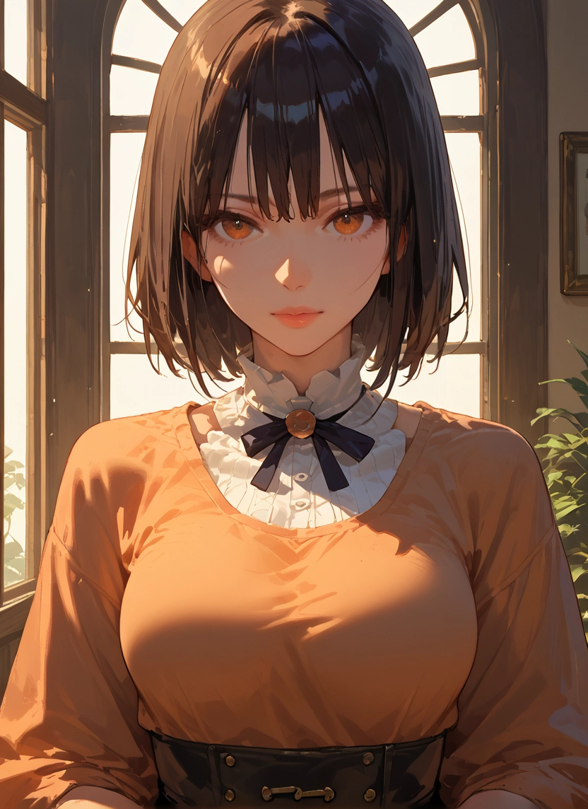 1girl, solo, looking at viewer, breasts, short hair, indoors