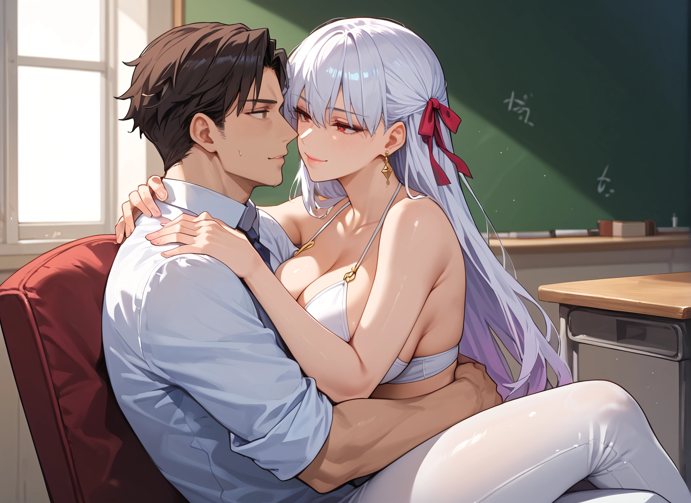 1girl, 1boy, breasts, jewelry, ribbon, long hair · Yamete.gg