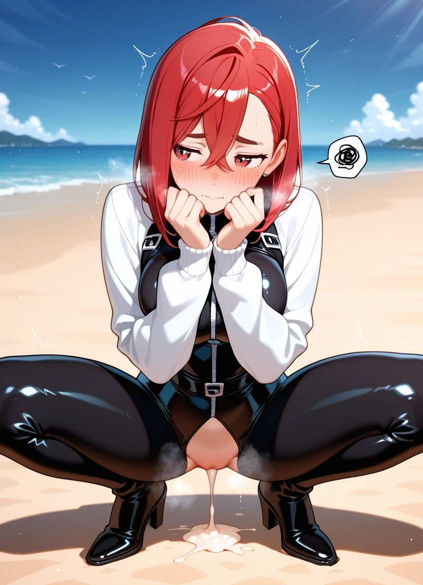 1girl, red hair, squatting, solo, red eyes, blush
