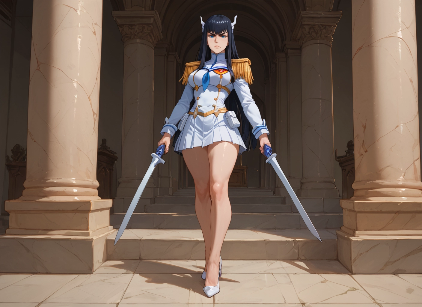 1girl, weapon, sword, blue eyes, black hair, long hair · Yamete.gg
