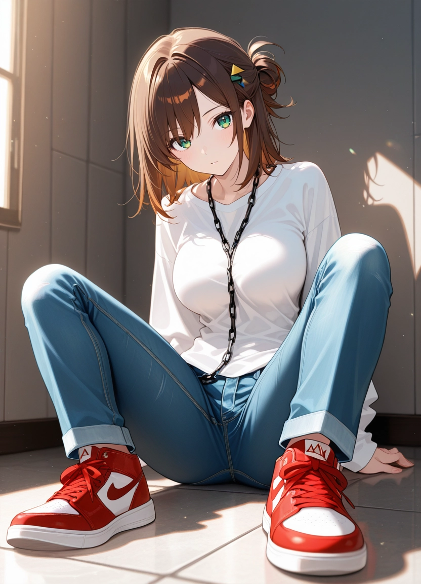 1girl, solo, pants, green eyes, shoes, brown hair · Yamete.gg