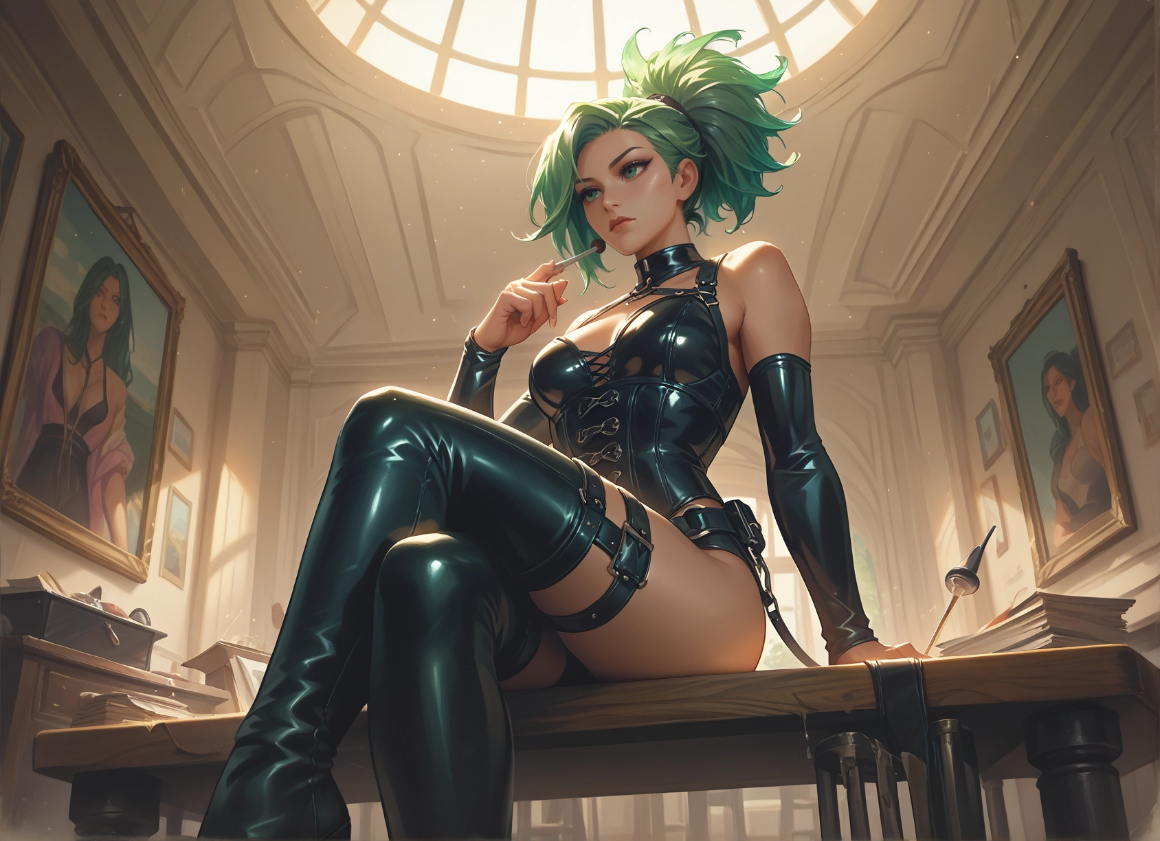 breasts, thighhighs, green hair, sitting, crossed legs, boots · Yamete.gg