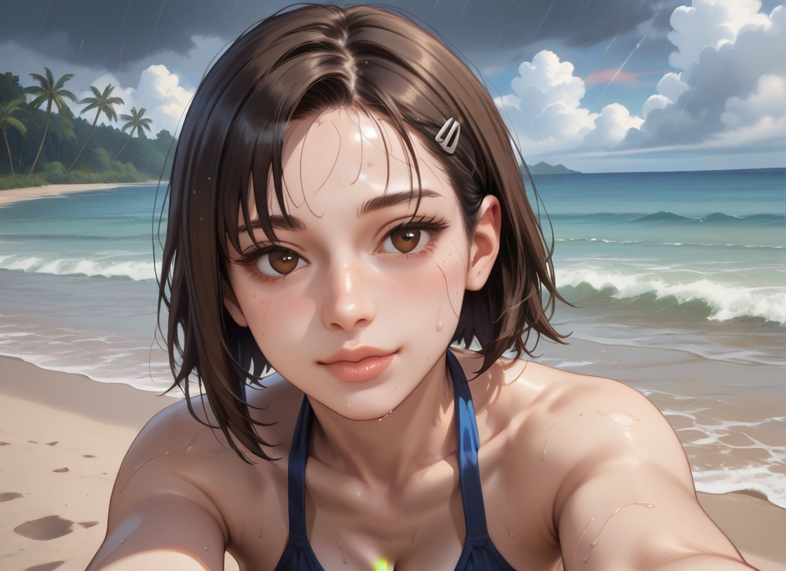 1girl, beach, solo, brown hair, brown eyes, outdoors · Yamete.gg
