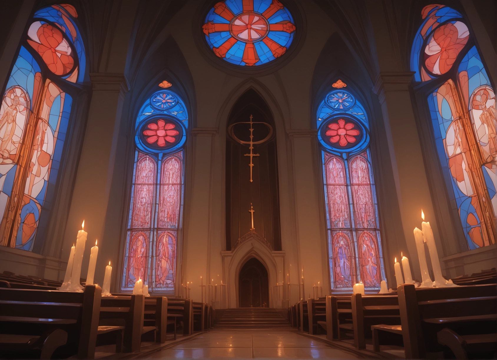 no humans, scenery, candle, stained glass, cross, indoors