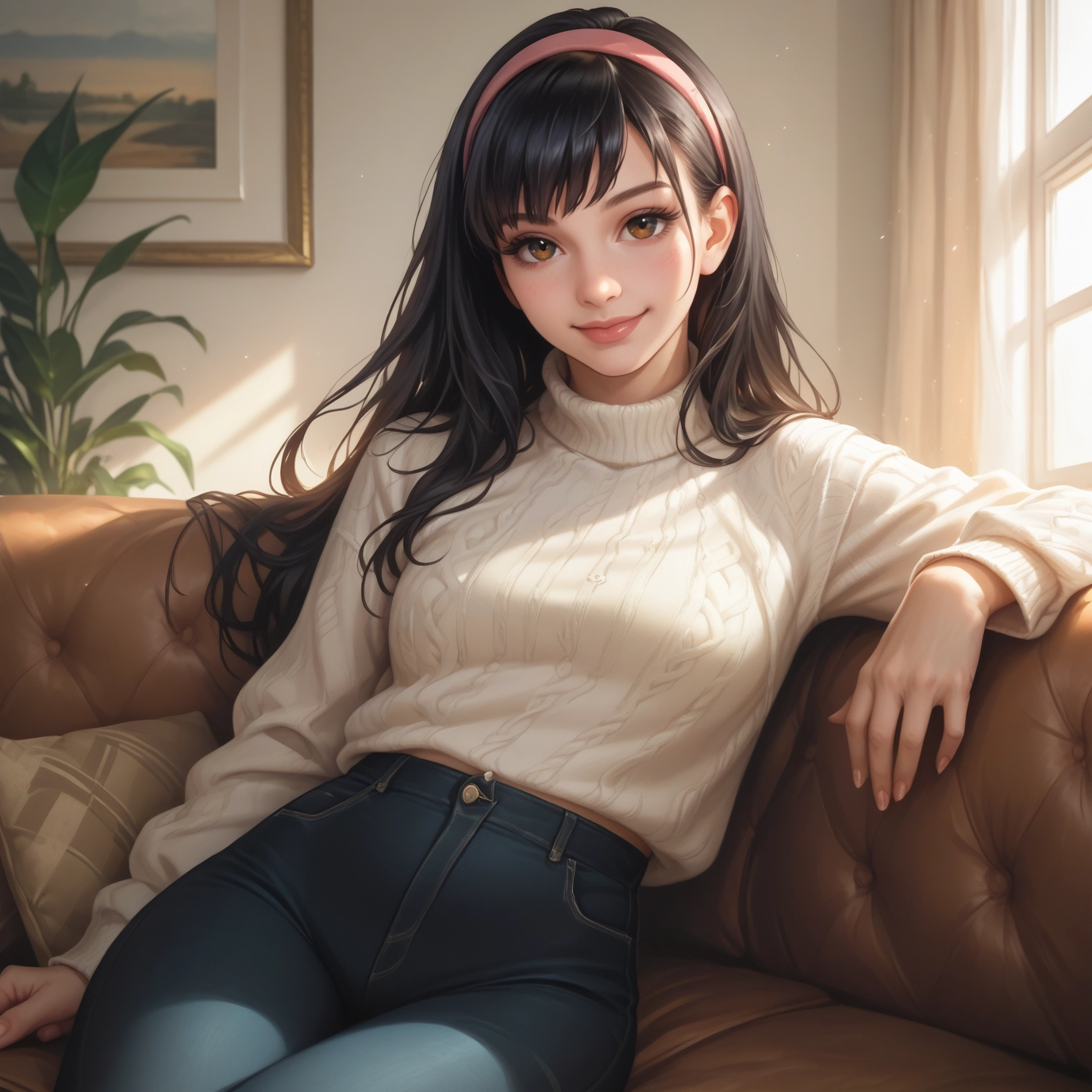 1girl, solo, long hair, sweater, pants, hairband · Yamete.gg