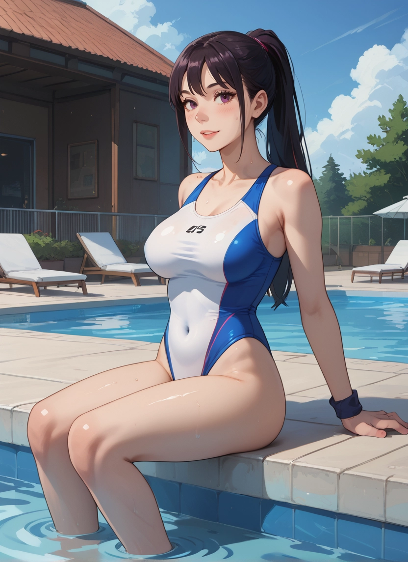 1girl, swimsuit, breasts, one-piece swimsuit, sitting, solo · Yamete.gg