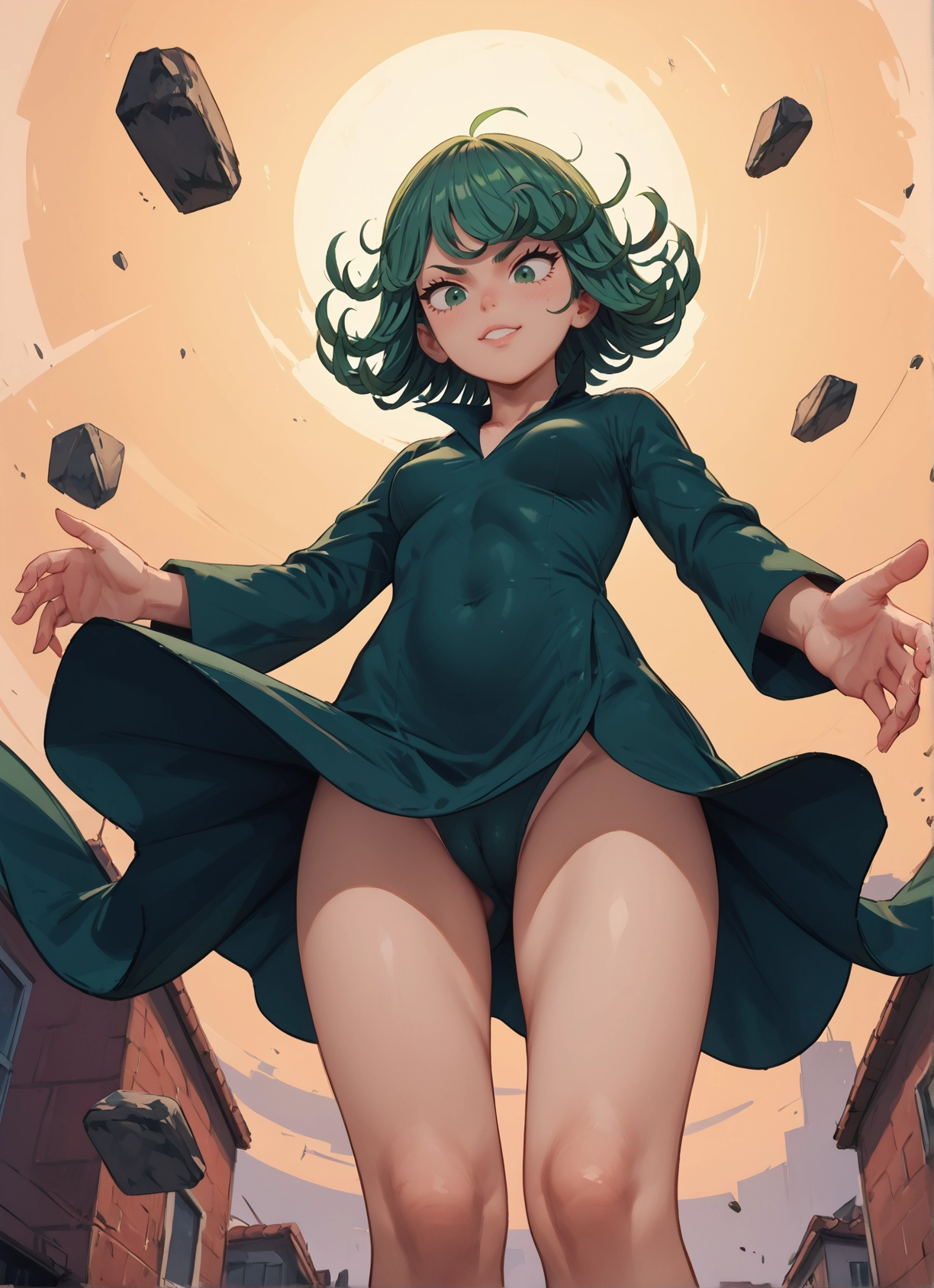 1girl, green eyes, solo, dress, green hair, breasts · Yamete.gg
