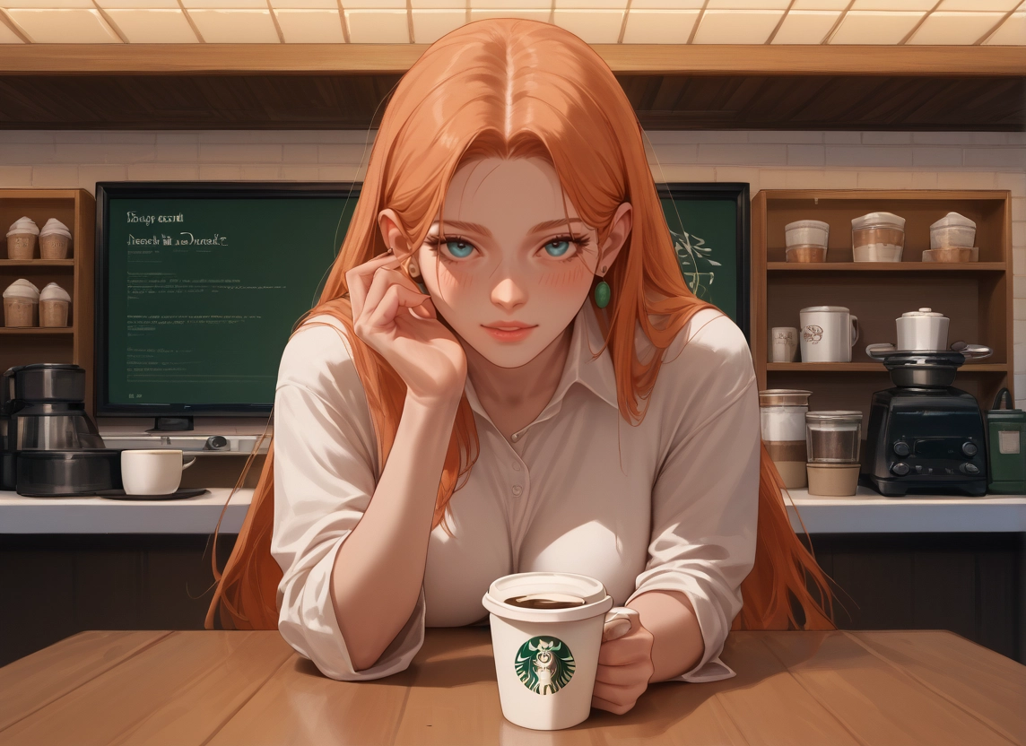 1girl, long hair, shirt, cup, looking at viewer, coffee · Yamete.gg