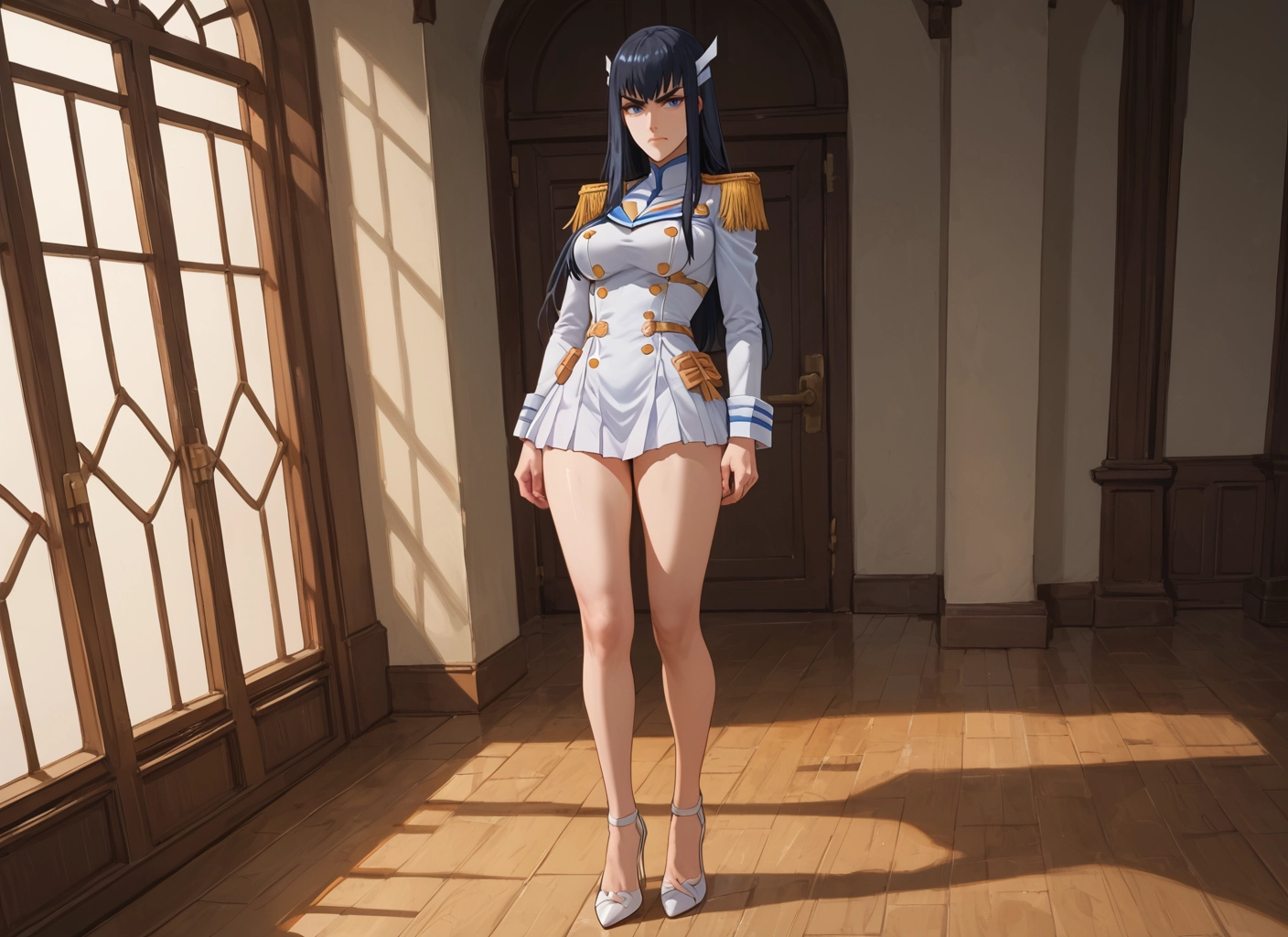 1girl, blue eyes, long hair, solo, epaulettes, black hair