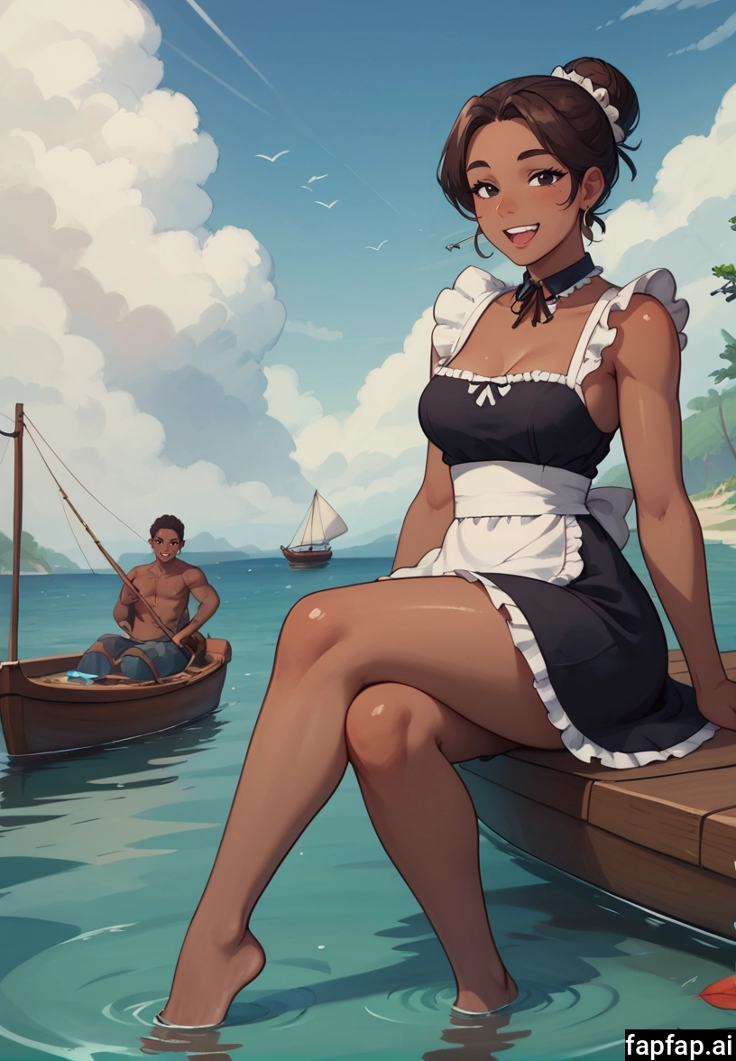 1girl, 1boy, crossed legs, breasts, dark skin, outdoors · Yamete.gg