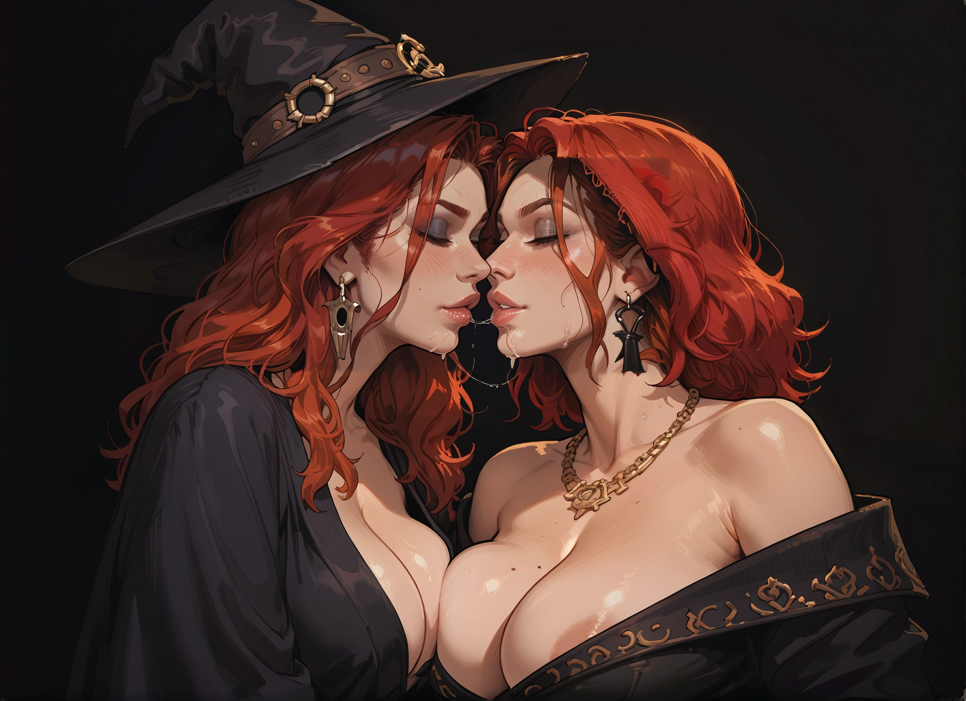 multiple girls, breasts, 2girls, hat, witch hat, jewelry · Yamete.gg