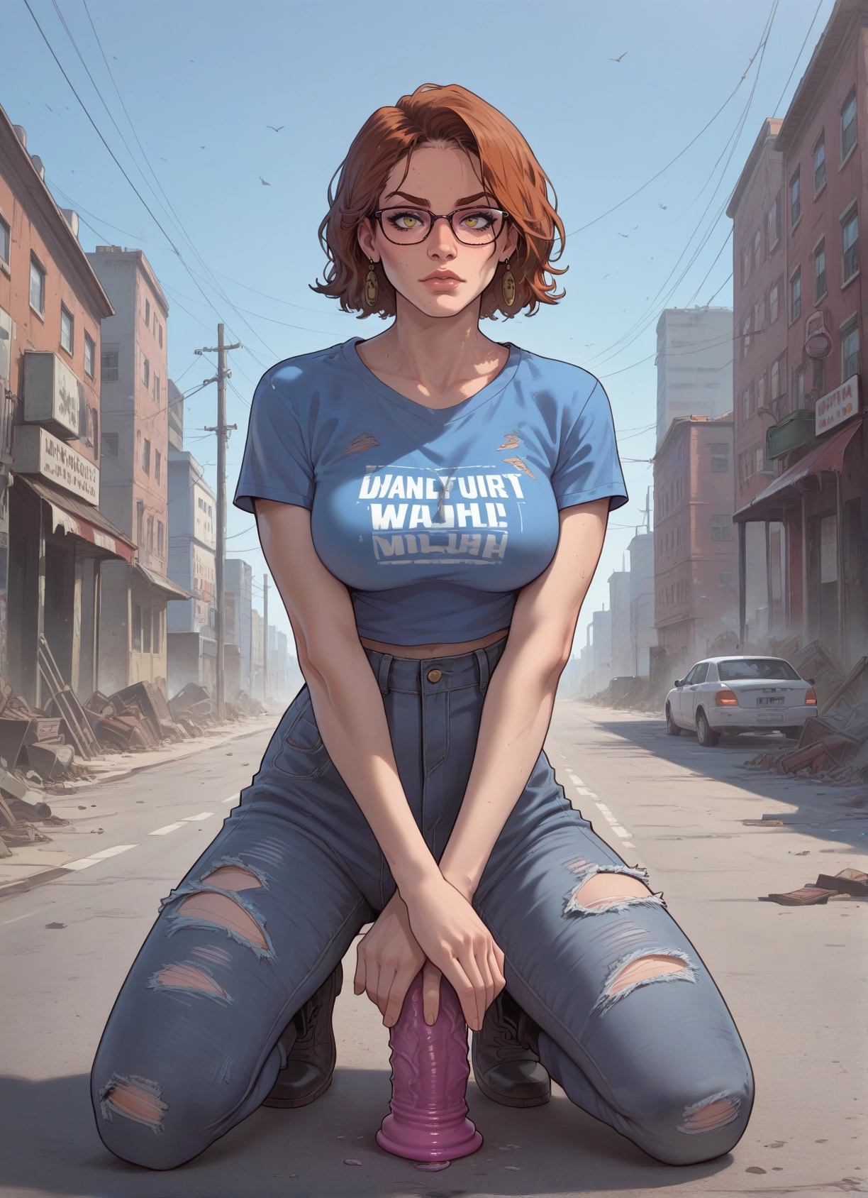 1girl, glasses, pants, sex toy, jewelry, earrings · Yamete.gg