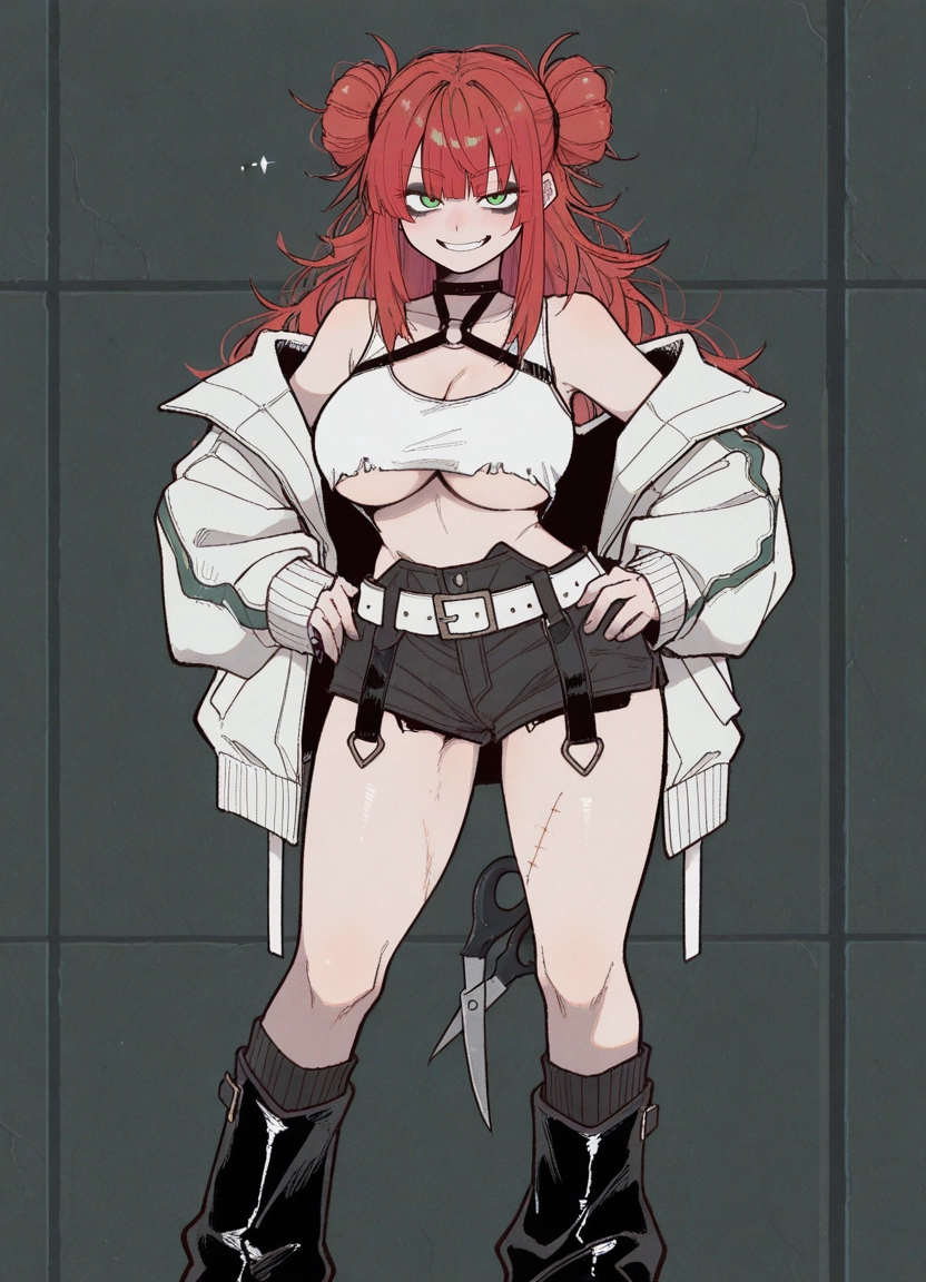 1girl, breasts, shorts, jacket, green eyes, solo · Yamete.gg