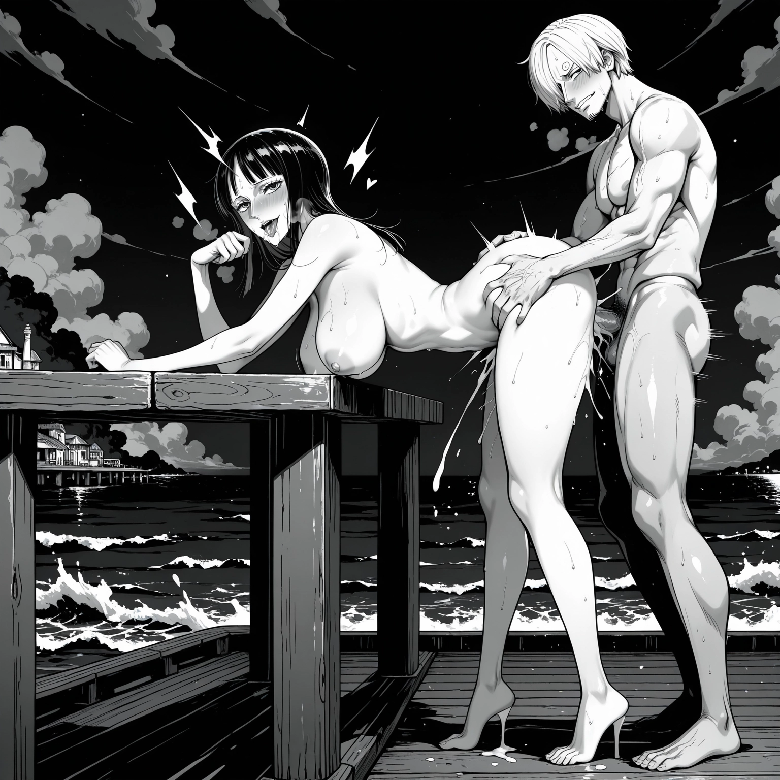 1girl, 1boy, breasts, hetero, monochrome, greyscale · Yamete.gg
