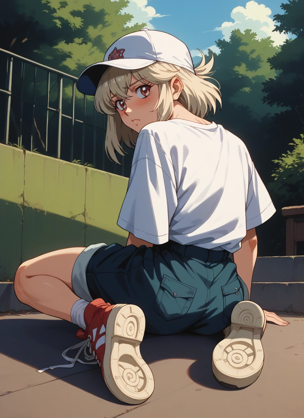 1girl, solo, shorts, hat, shirt, outdoors