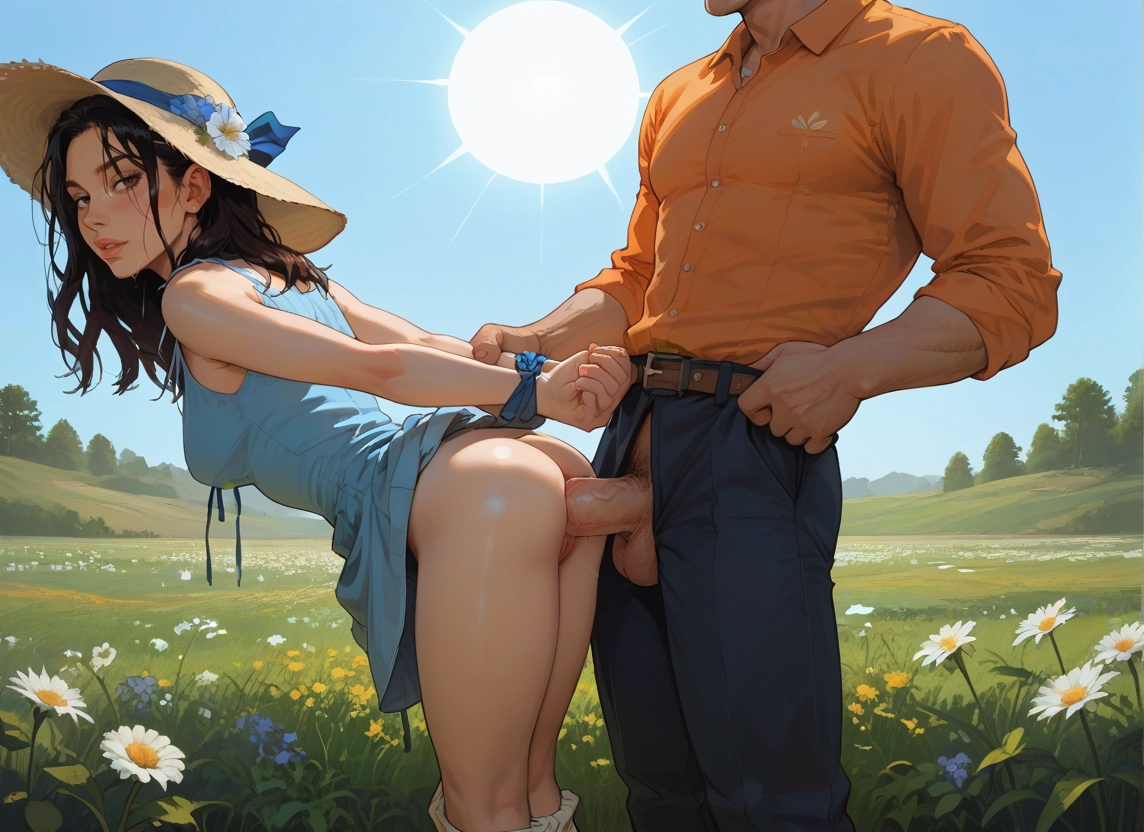 1girl, 1boy, penis, outdoors, hat, flower · Yamete.gg