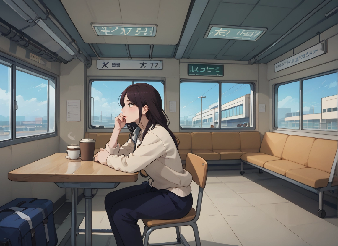1girl, cup, sitting, solo, long hair, bag · Yamete.gg