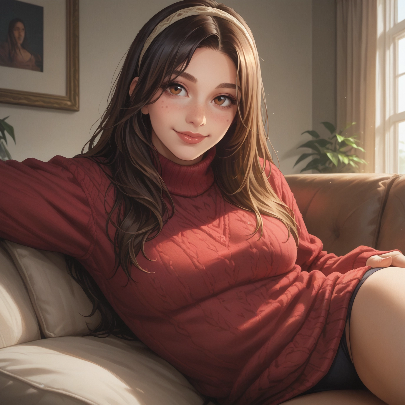 1girl, solo, sweater, freckles, brown hair, long hair · Yamete.gg
