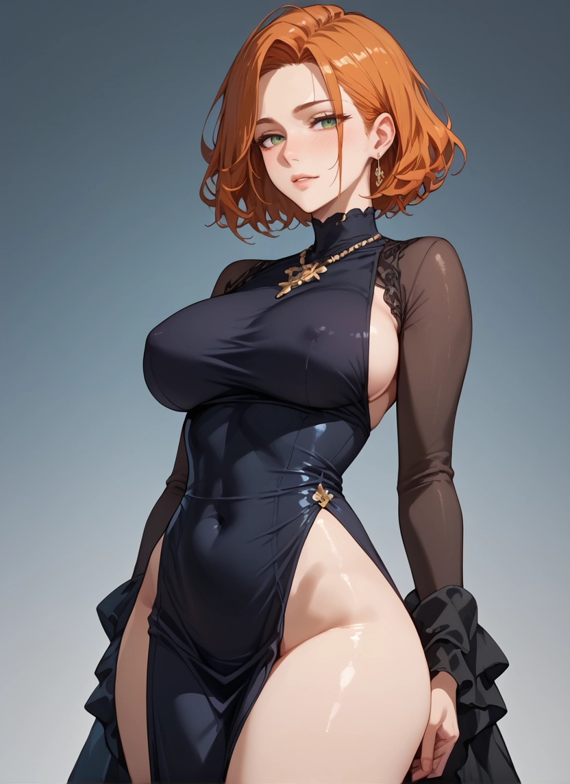 1girl, breasts, jewelry, earrings, green eyes, large breasts