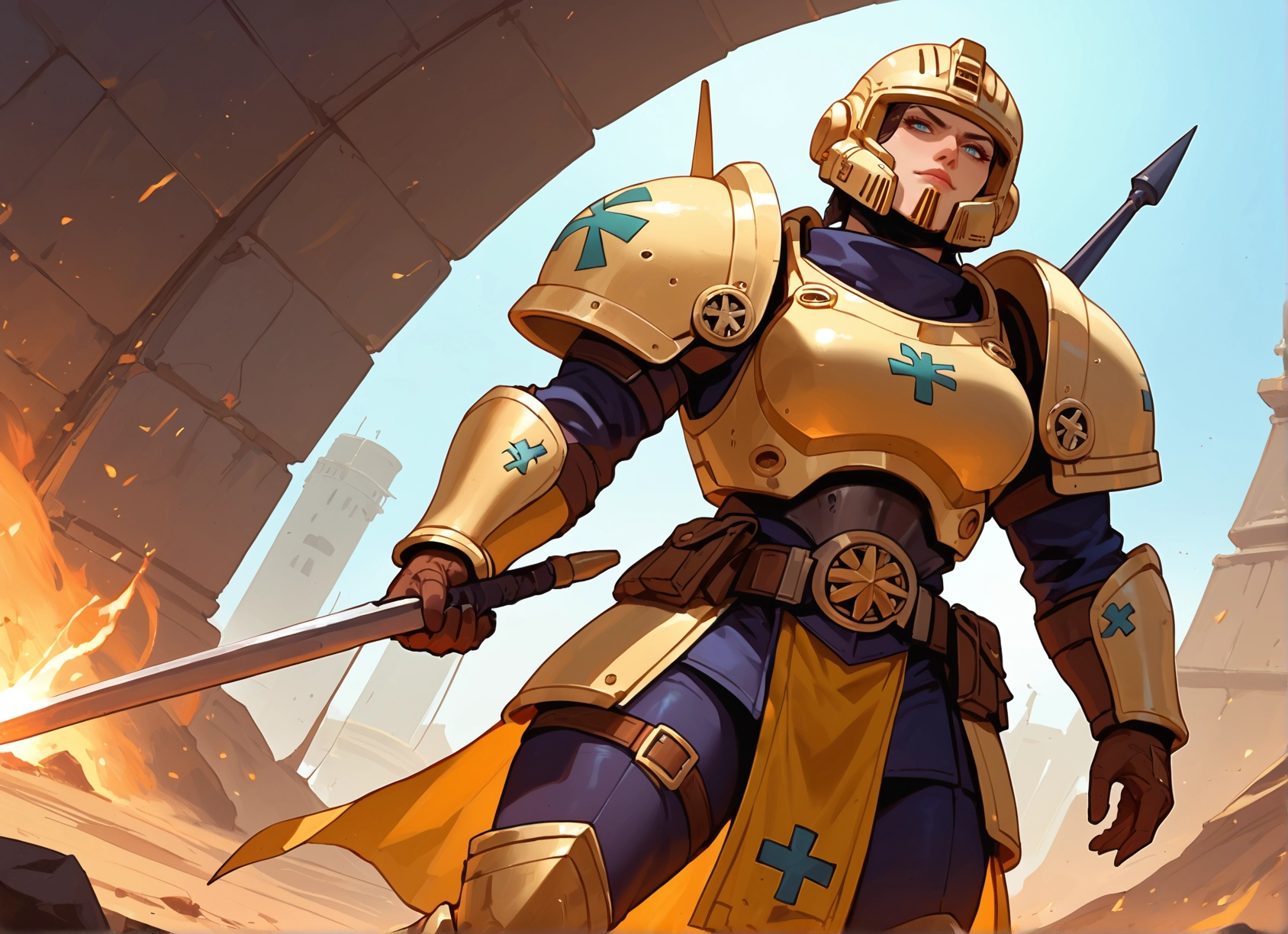 1girl, armor, weapon, helmet, solo, gloves · Yamete.gg