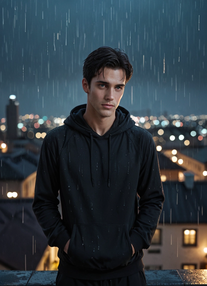 1boy, male focus, rain, hood, solo, hoodie · Yamete.gg