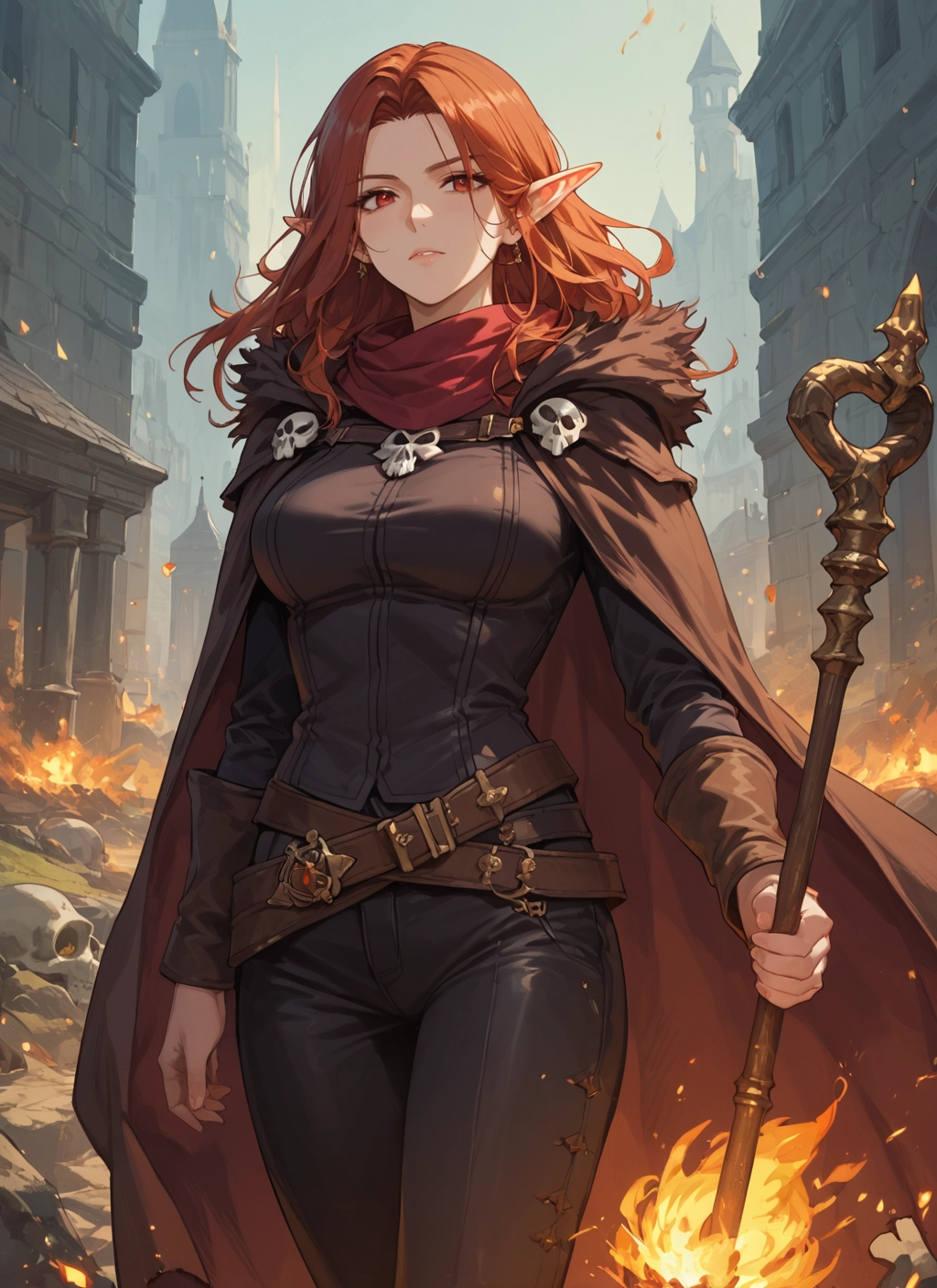 1girl, pointy ears, jewelry, skull, staff, earrings · Yamete.gg