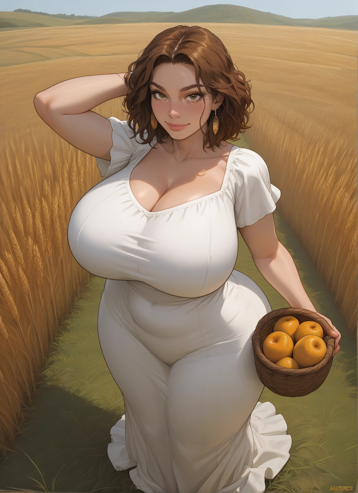 1girl, breasts, dress, brown hair, solo, white dress