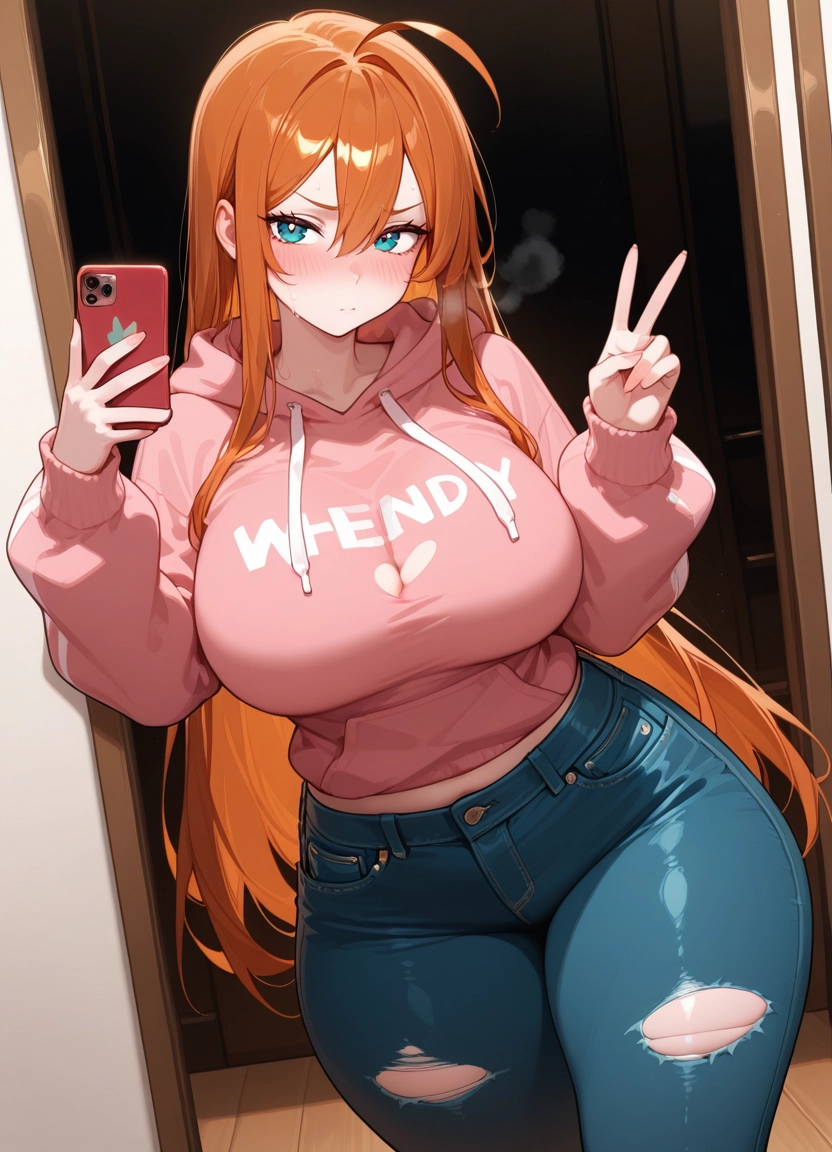 1girl, breasts, long hair, denim, solo, pants · Yamete.gg