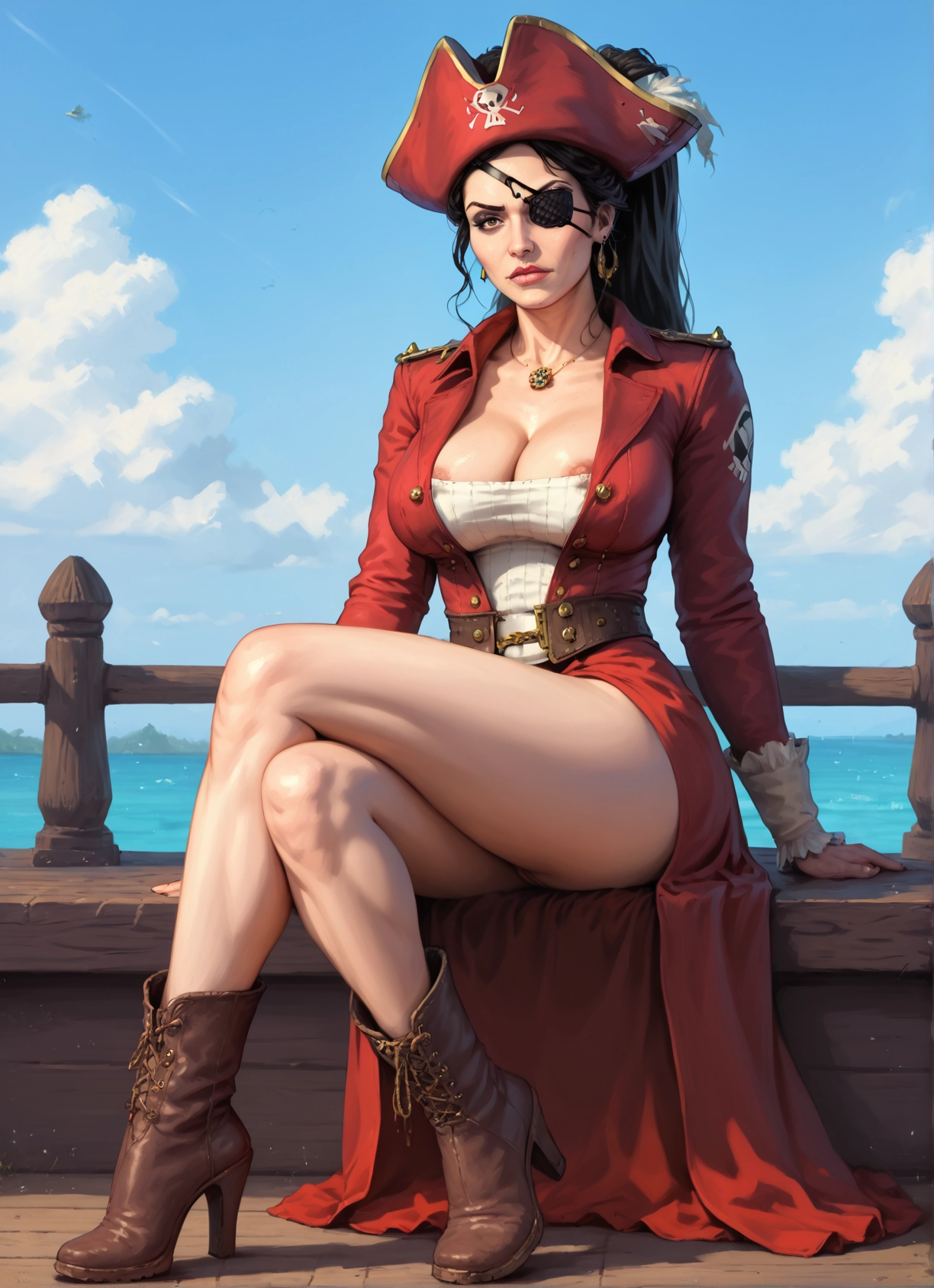 1girl, breasts, eyepatch, hat, jewelry, boots · Yamete.gg