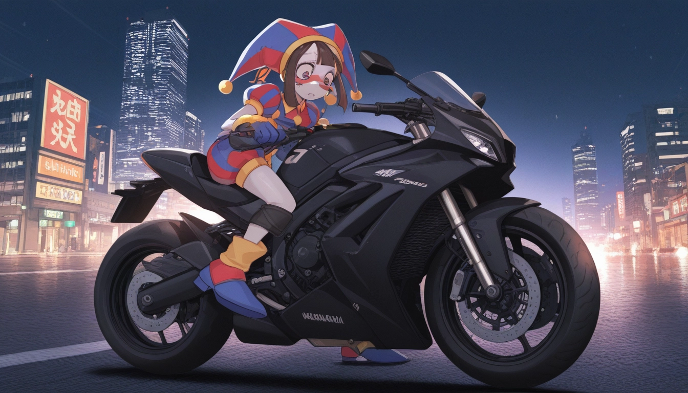 1girl, ground vehicle, motor vehicle, motorcycle, blue footwear, night · Yamete.gg