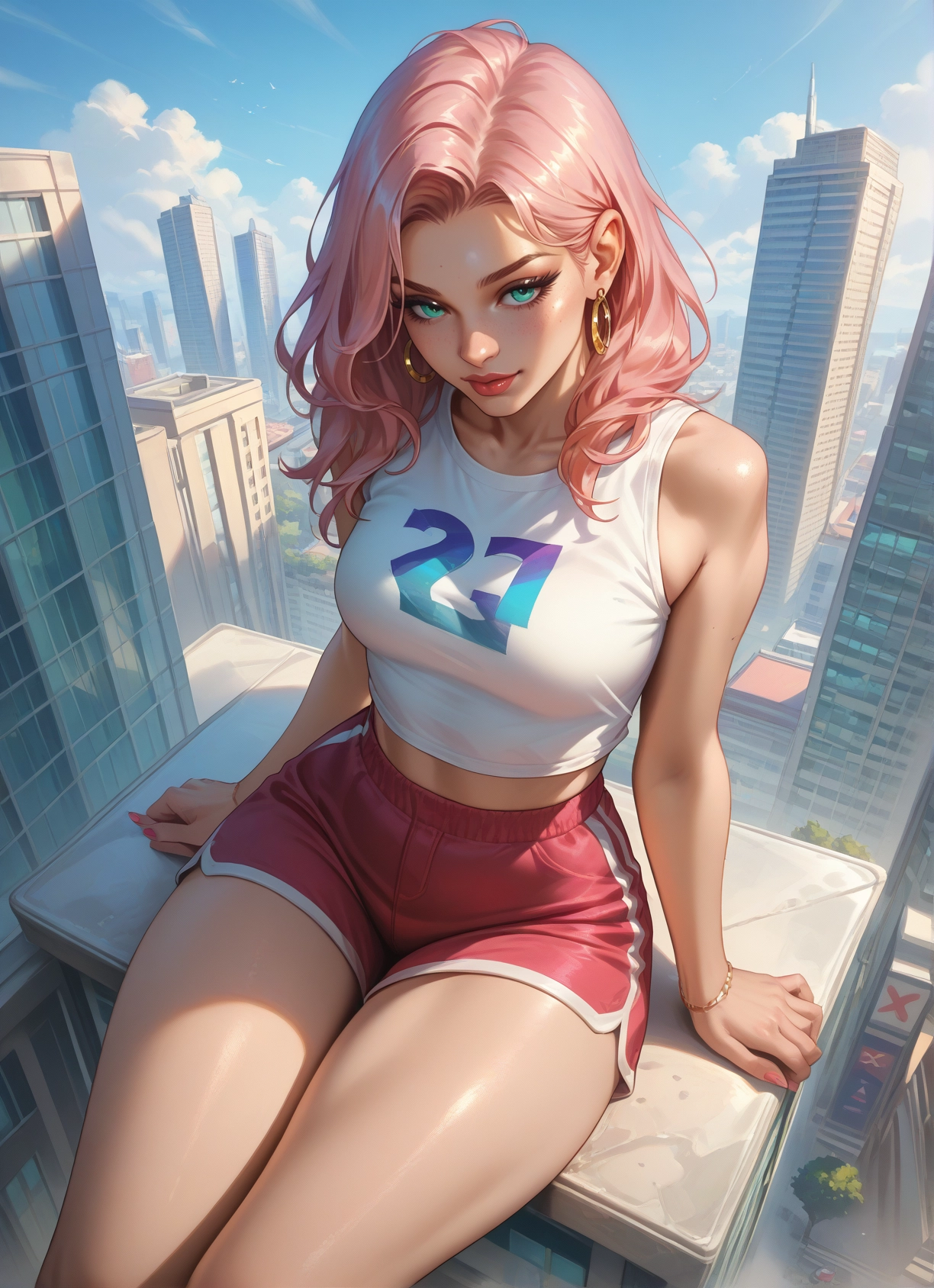 1girl, jewelry, shorts, earrings, pink hair, sitting · Yamete.gg