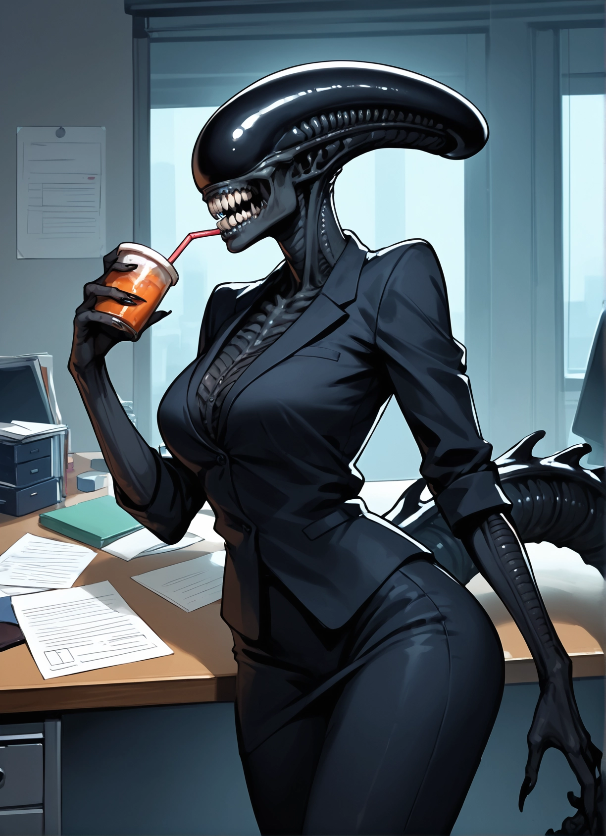 1girl, teeth, skirt, solo, cup, drinking straw