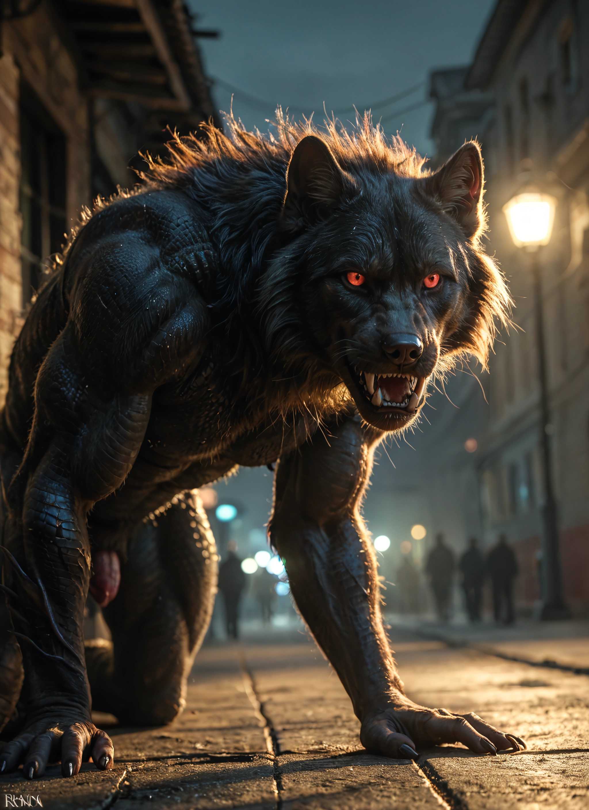furry, red eyes, lamppost, all fours, outdoors, open mouth · Yamete.gg