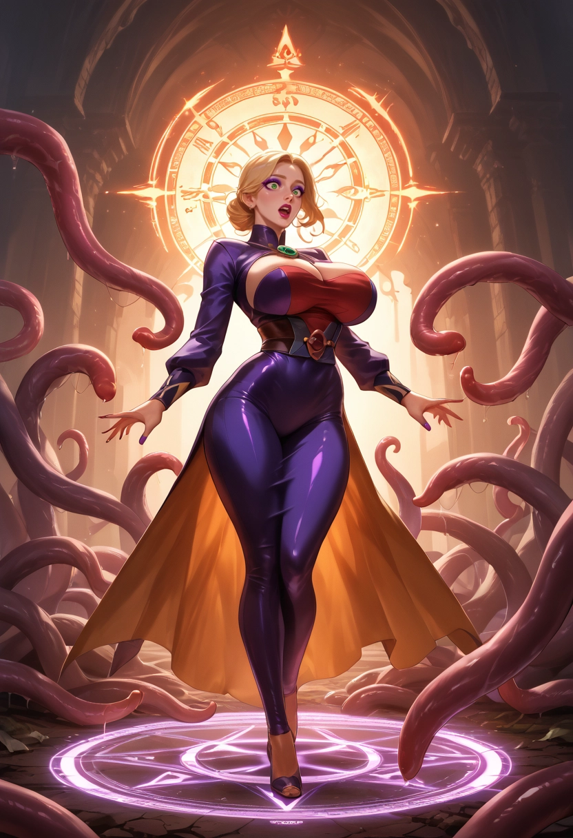 1girl, breasts, solo, blonde hair, tentacles, magic circle · Yamete.gg