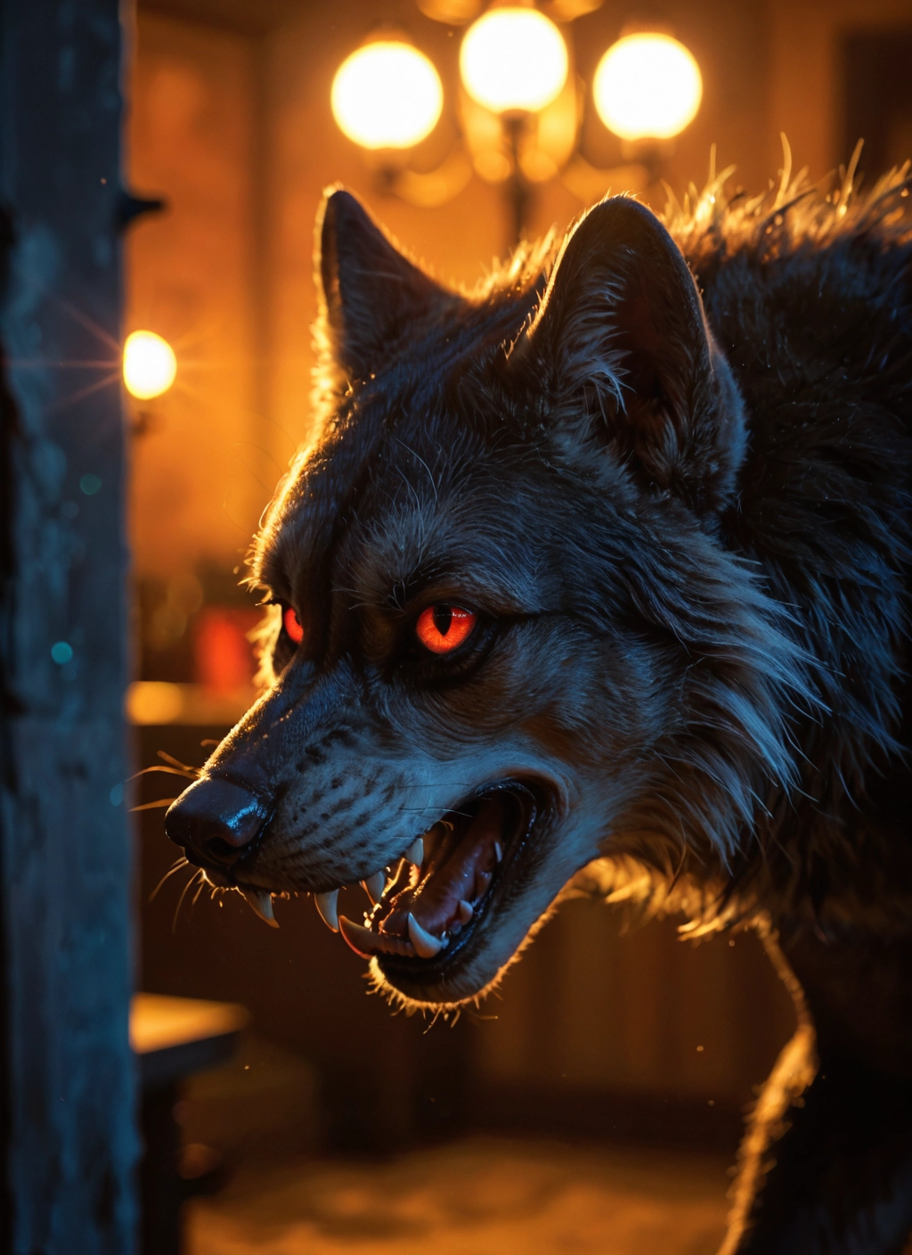 no humans, red eyes, open mouth, animal, fangs, blurry · Yamete.gg