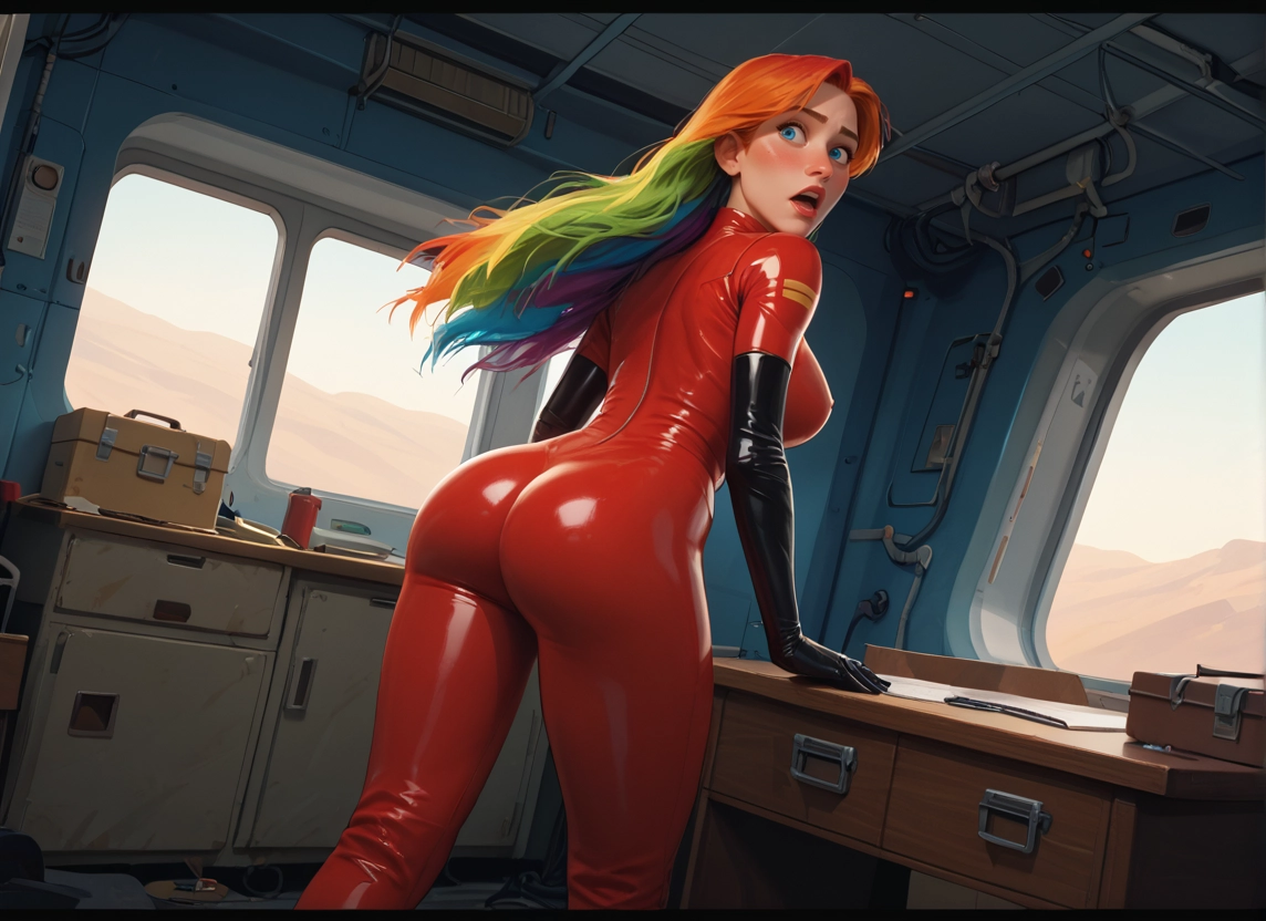1girl, ass, solo, blue eyes, bodysuit, multicolored hair · Yamete.gg