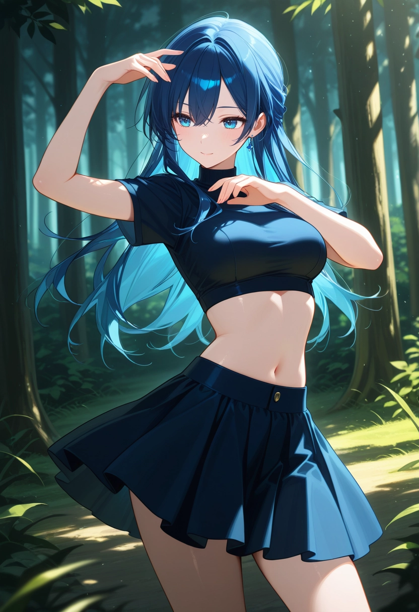 1girl, solo, skirt, blue hair, blue eyes, navel · Yamete.gg