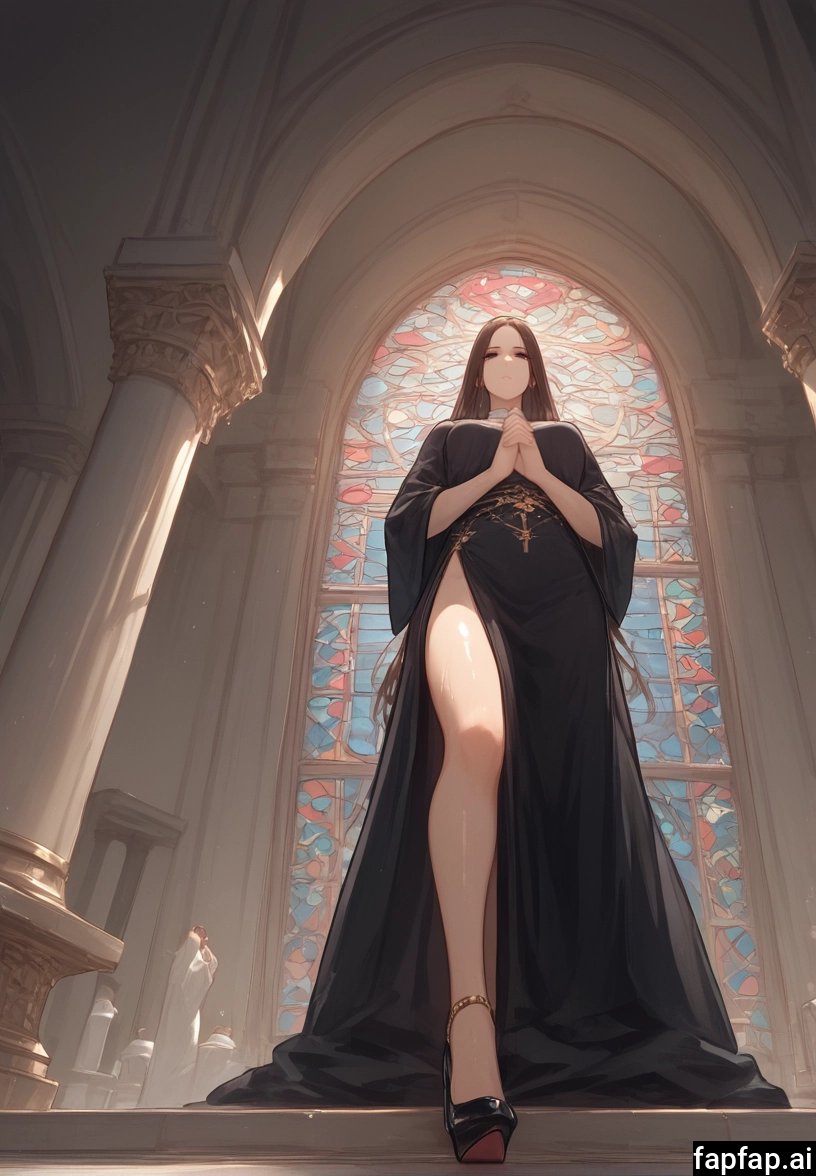 1girl, church, praying, long hair, own hands together, brown hair · Yamete.gg