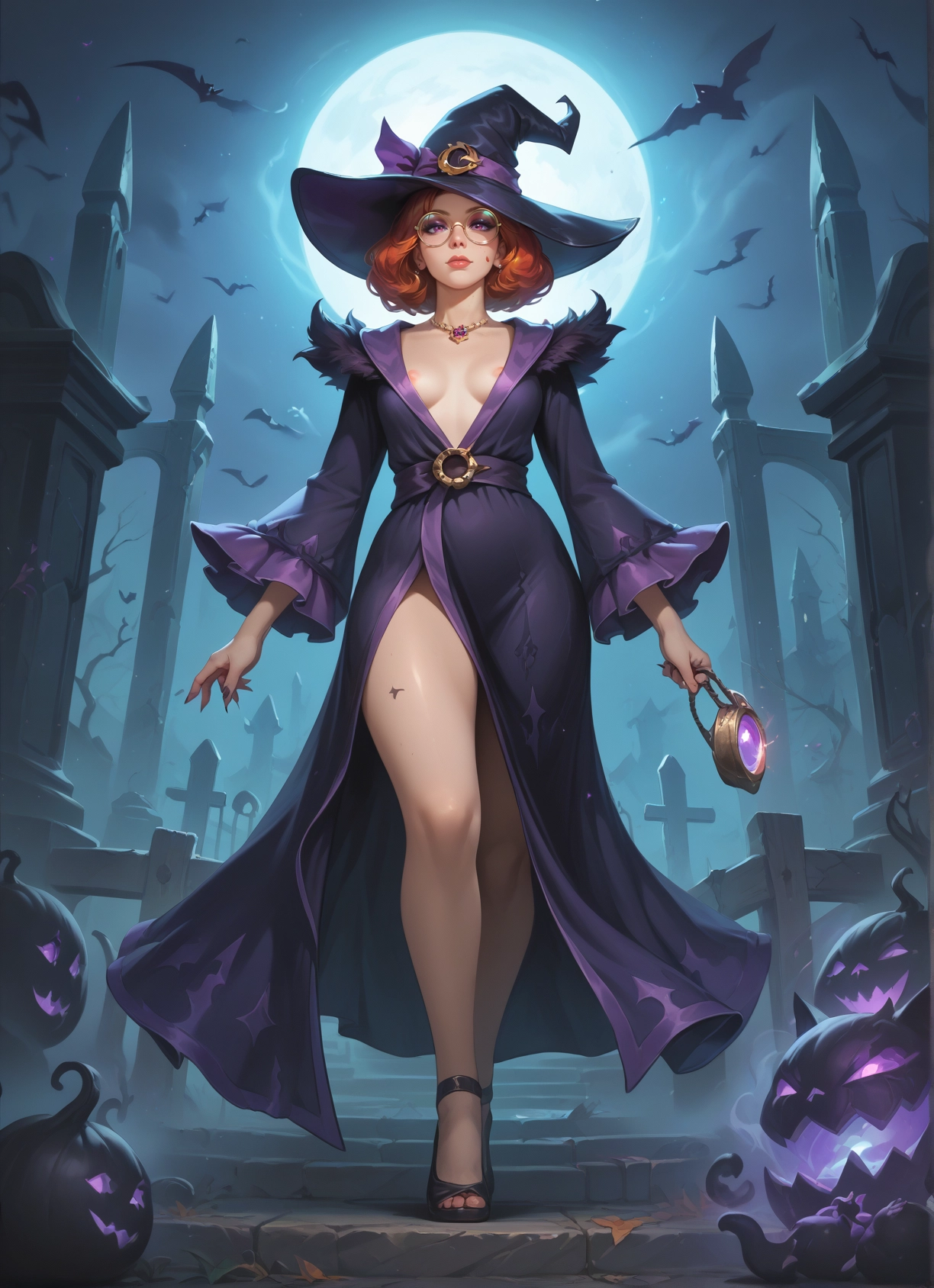 1girl, hat, breasts, witch hat, moon, glasses · Yamete.gg