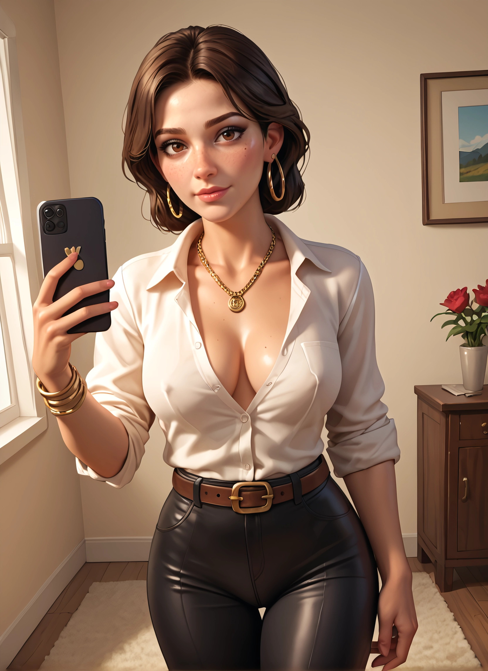 1girl, breasts, jewelry, phone, brown hair, earrings · Yamete.gg