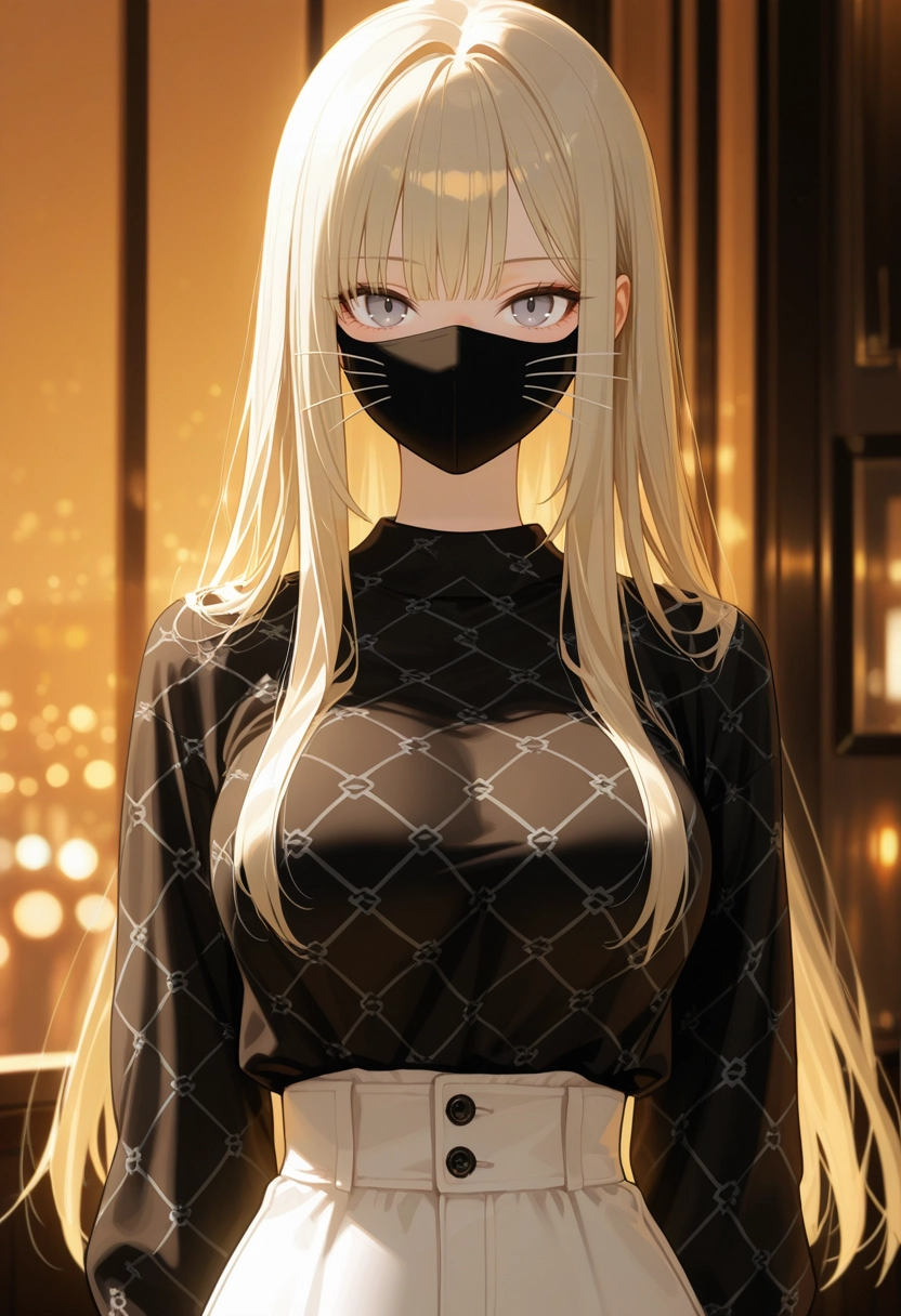 1girl, solo, mask, long hair, mouth mask, blonde hair