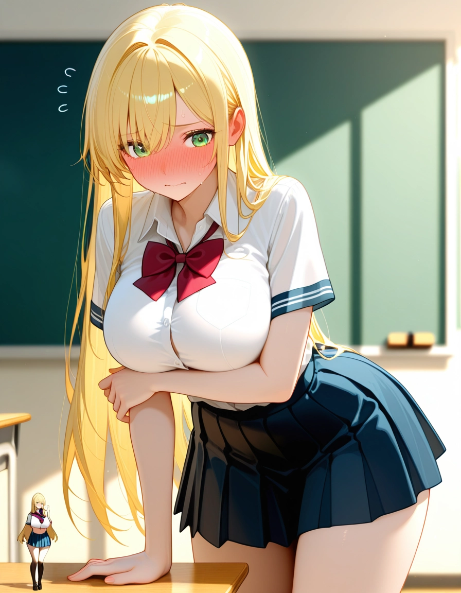 blonde hair, breasts, green eyes, skirt, long hair, blush · Yamete.gg