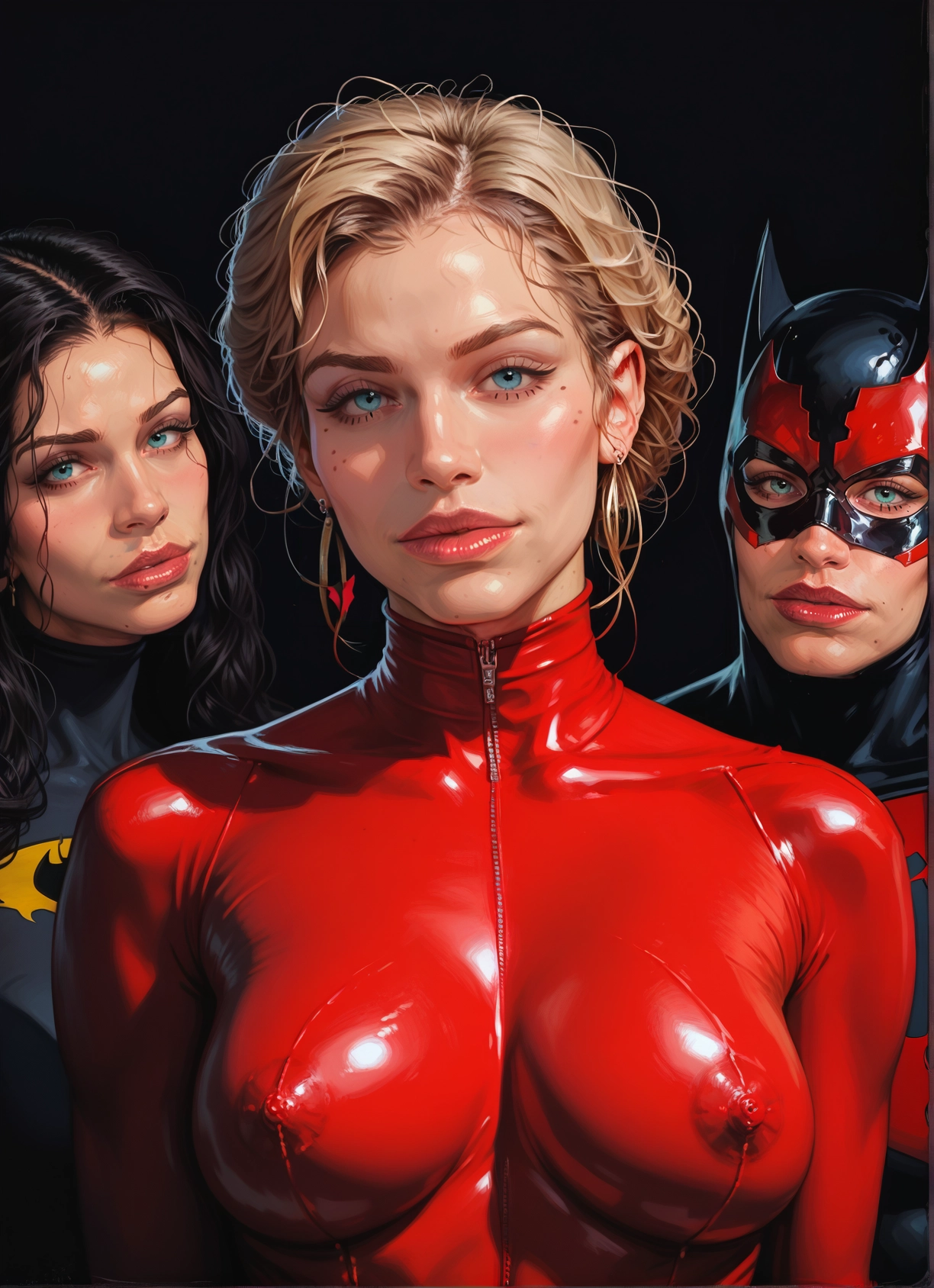 multiple girls, bodysuit, breasts, blonde hair, mask, jewelry · Yamete.gg